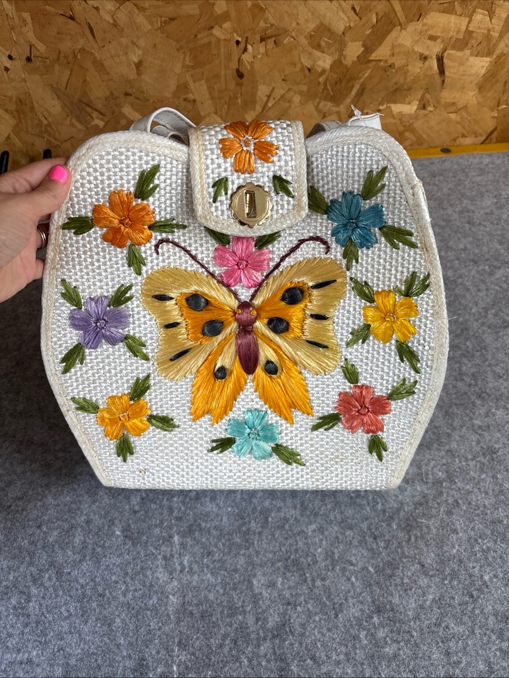 Embroidered White Butterfly Floral Shoulder Bag